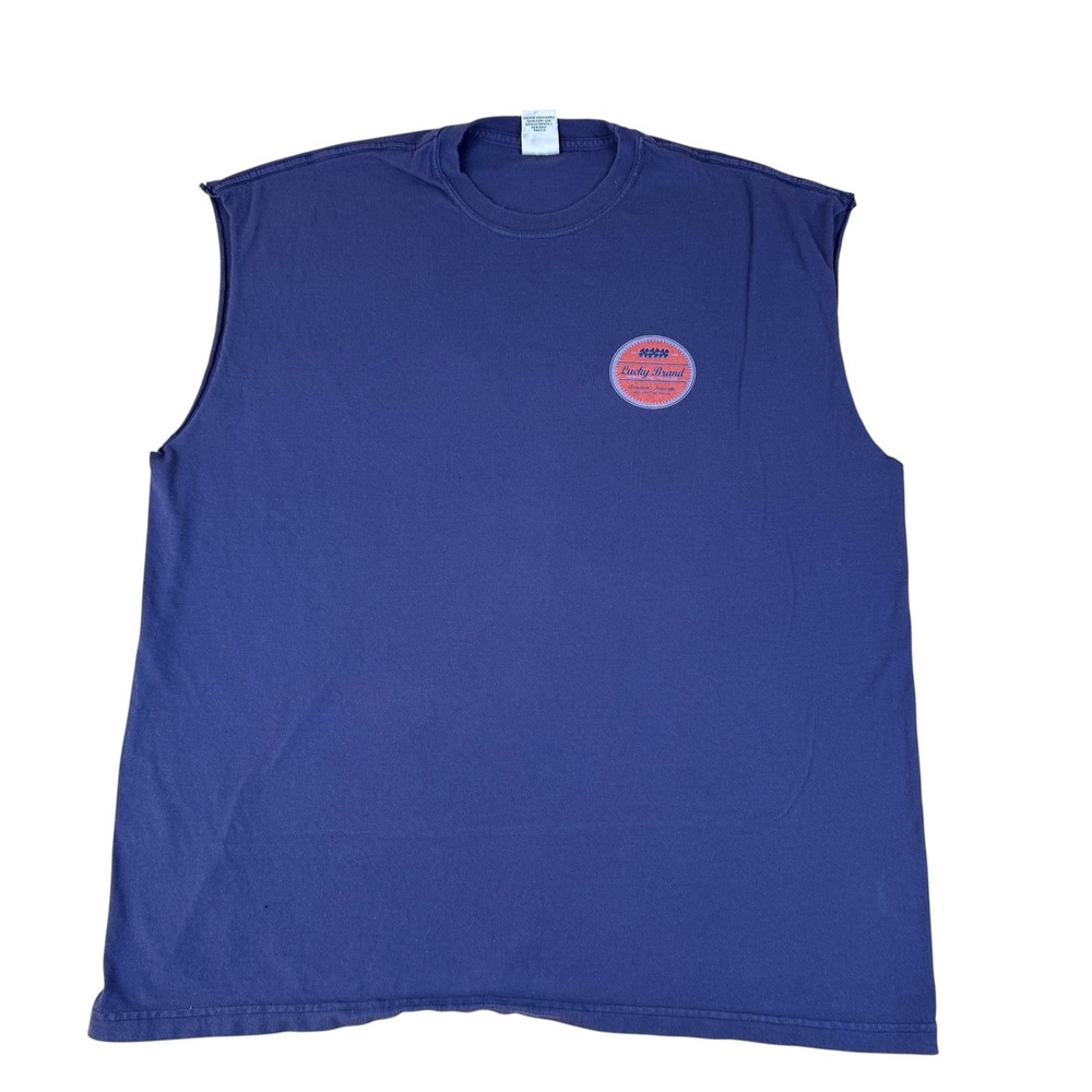 Lucky Brand XL Muscle Tee Vintage Americana Cotton Navy Blue Cut Off Logo